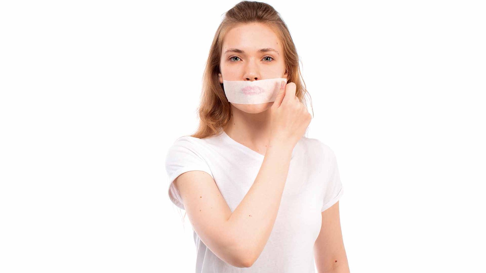 front-view-young-female-white-t-shirt-with-white-bandage-around-her-mouth-taking-it-off-white