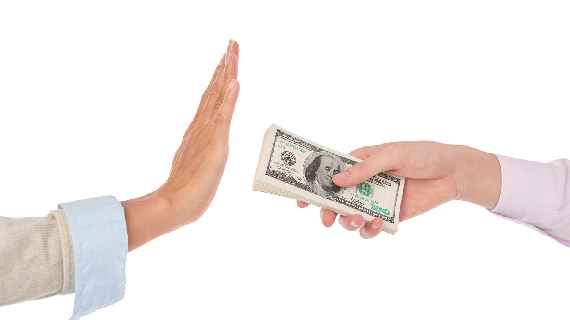 closeup-female-hands-extending-pile-dollar-bills-male-hands-gesturing-as-if-rejecting-money