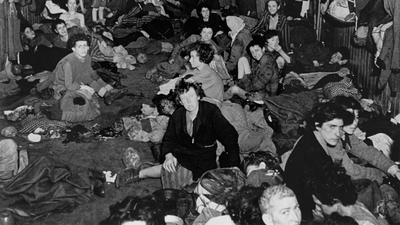 Ciganos (Romanis) sobreviventes, nas barracas no campo de Bergen-Belsen durante a liberação